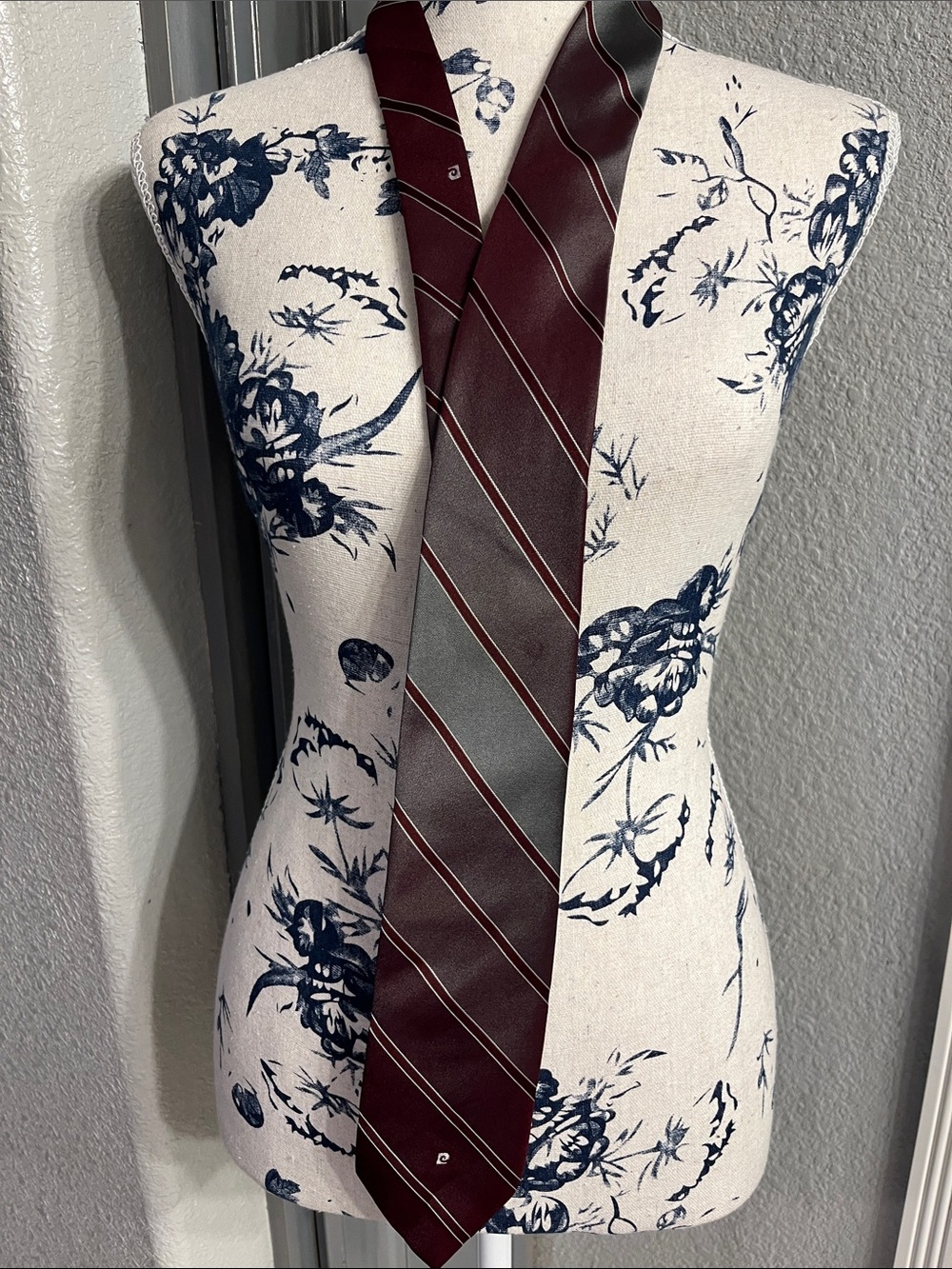 Pierre Cardin Burgundy and Gray Striped Silk Tie